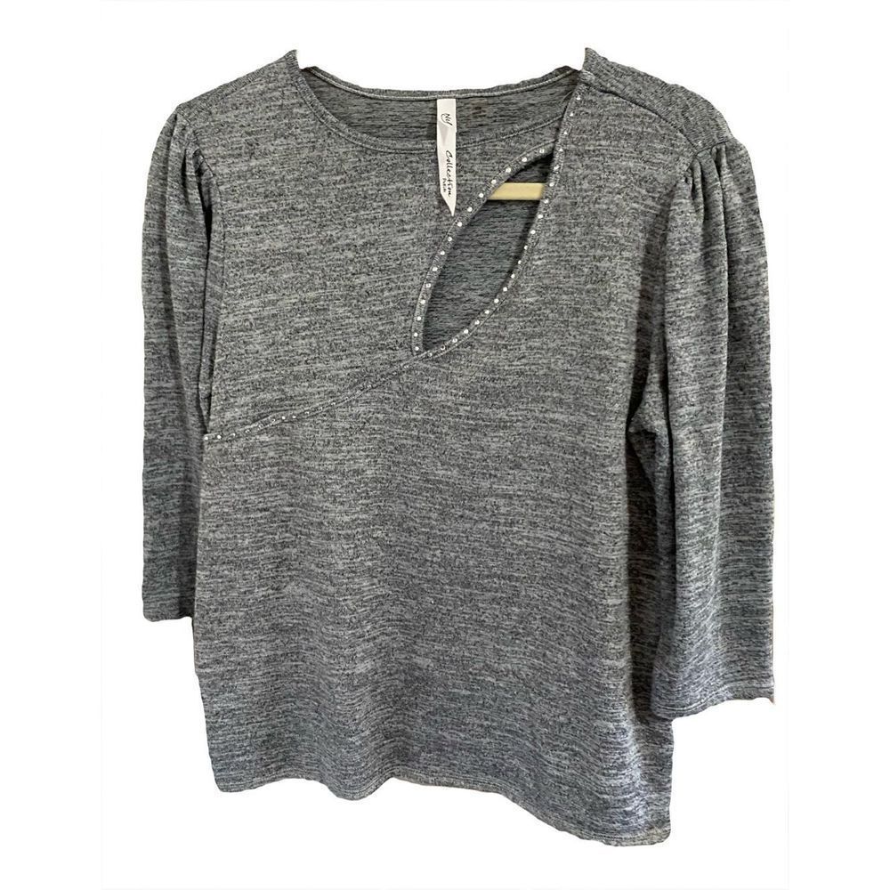 NY collection Gray Sweater Petite Medium with front cut-out and sequins bling